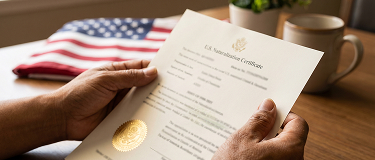 Person holds a U.S. Citizenship Certificate on a wooden desk with an American flag in the background.