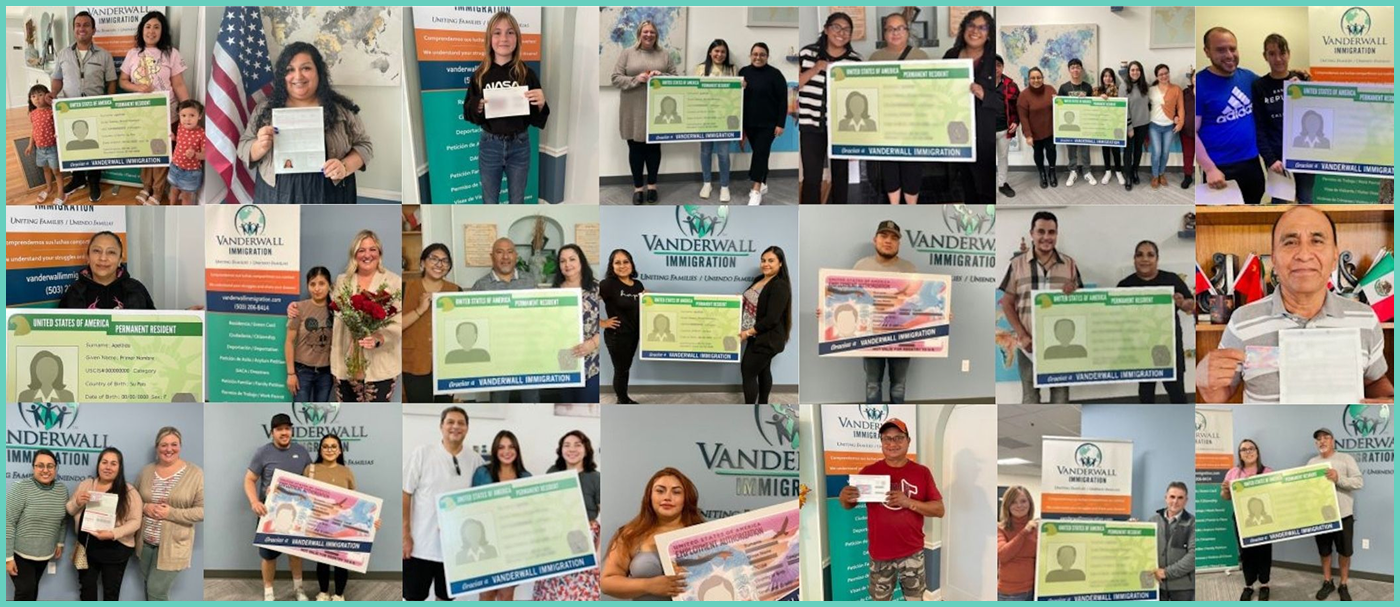 Collage of diverse people holding oversized immigration documents in front of Vanderbilt Immigration banners.