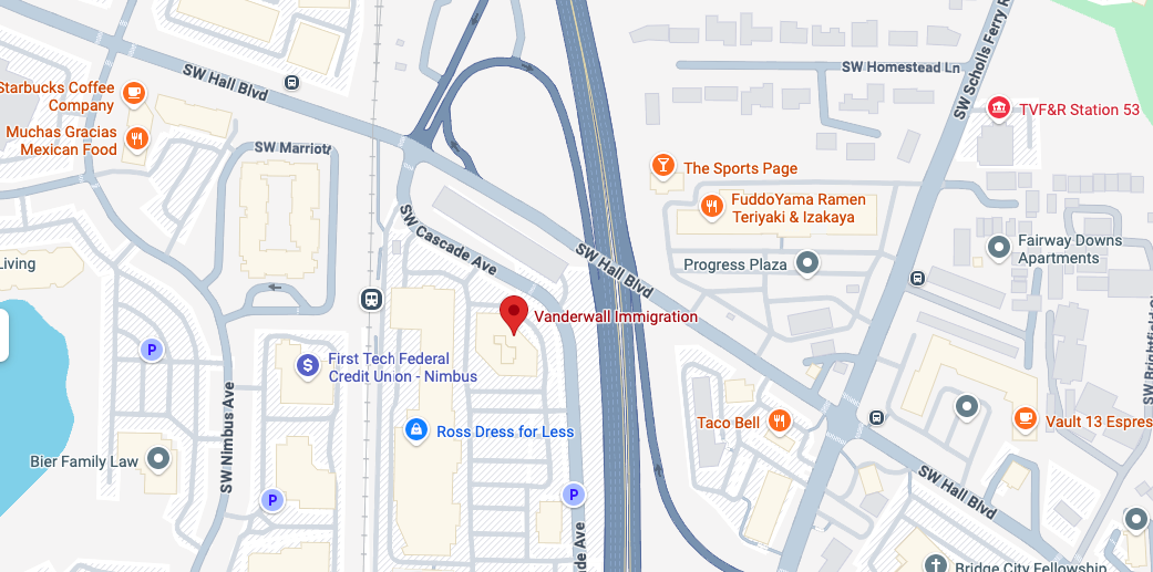 Map centered on Vanderwall Immigration near SW Hall Blvd and a highway interchange, with nearby shops and restaurants (Taco Bell, First Tech FCU).